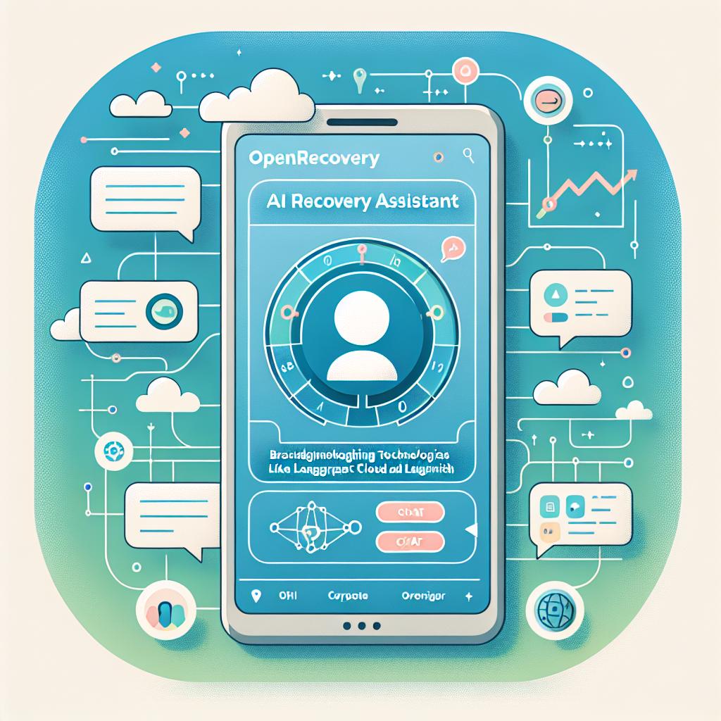 Create a 2D, corporate-style, vector image with a flat design. This image should depict an AI recovery assistant launched by OpenRecovery, utilizing groundbreaking technologies like LangGraph Cloud and LangSmith. A mobile device is at the center, displaying this AI assistant. The screen contains elements indicative of AI technologies such as chat icons and progress graphs, symbolizing the user's recovery journey. Incorporate additional visual elements such as chat icons indicating interaction with the assistant, and progress graphs symbolizing the journey of recovery. The color scheme should include soft hues of blue and green, conveying a sense of calm and hope. The background should be untextured, plain white.
