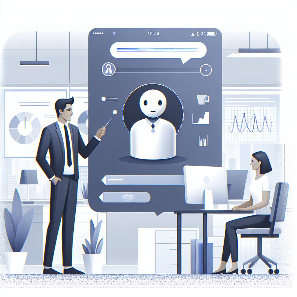 A flat, 2D vectorial illustration demonstrating the user interface of Supernormal's Voice Agents. In a modern office setting, a user is shown engaging with a customizable conversational agent. The user could be of any gender or ethnicity to illustrate diversity in tech usage. The corporate atmosphere is underscored by the presence of graphs and charts in the background, which symbolize the positive influence of AI technology on productivity and efficiency. The absence of any texture on a white background keeps the focus on the depiction of this professional setting and the interaction between the human and the AI agent.