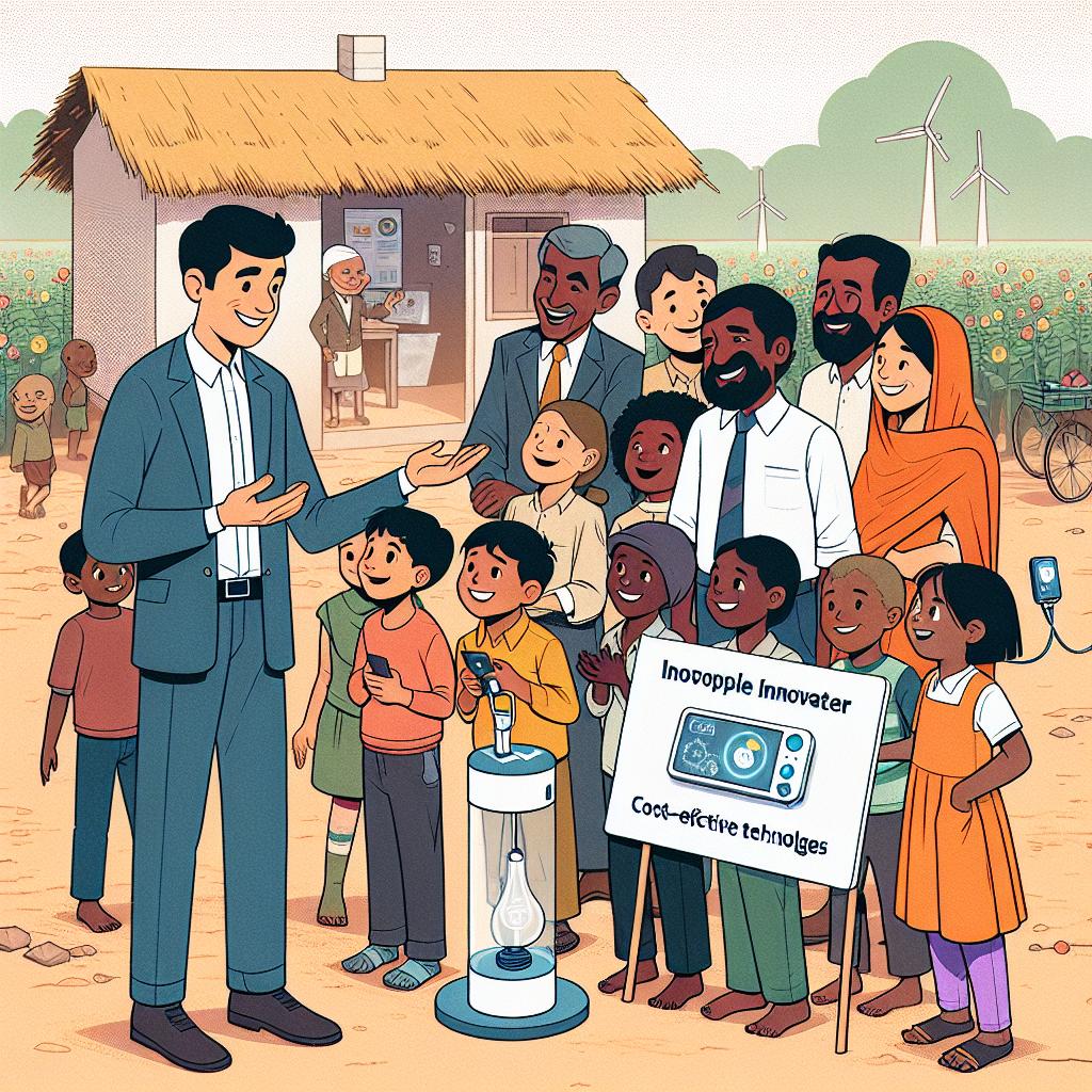 An illustration in a 2D, linear, vector flat style for a corporate setting. It features a generic male innovator of Indian descent, demonstrating the use of cost-effective technologies in a rural environment to a diverse group of smiling children, representing the next generation. The children are depicted as both boys and girls of various descent including but not limited to, Caucasian, Hispanic, Black, Middle-Eastern, South Asian. The rural background symbolizes the application of innovations in underprivileged communities and prototypes of technology are clearly shown to emphasize the innovations being presented. All the characters are engaged in cheerful interactions, showcasing the joy and acceptance of the solutions. The entire scene is set against a texture-less white background.