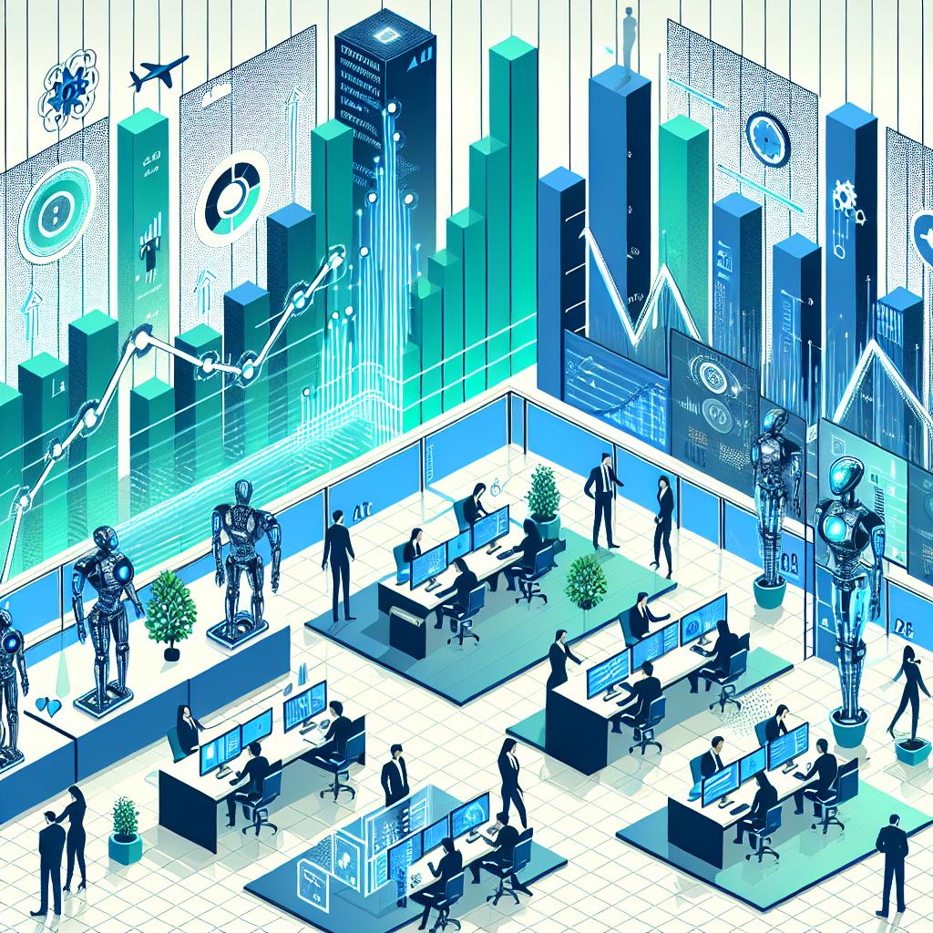 Create a 2D, linear perspective, vector illustration in corporate flat style. The image should depict a modern office environment, indicating the rapid evolution of the corporate world till 2028. Represent a collaboration between humans and AI agents in this modern setting, with elements showcasing automation and boosted operational efficiency. Display individuals of various descents and both genders engaging with digital screens, signifying the integration of technology in the daily work routine. Include rising graphs to symbolize increasing efficiency and innovation. Incorporate AI robotic assistants assisting in tasks, reflecting the shift from traditional tools to autonomous systems. Render the entire scene against a texture-less white background. Use blue and green colors, emitting a sense of technological advancement and progress.