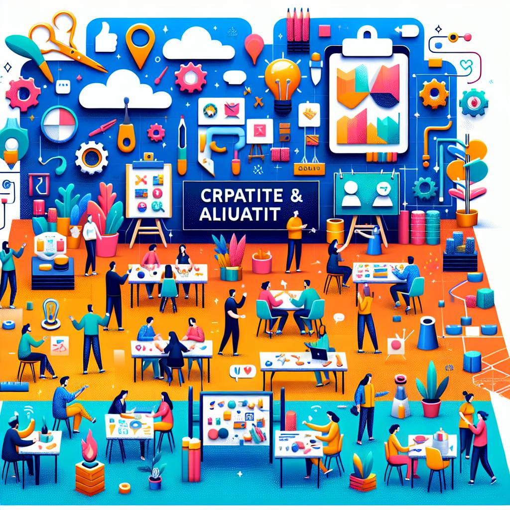 Create a vibrant, 2D, flat, corporate-style vector image, set on a white, textureless background. The scene should depict the annual Craft & Values Week event of 2024 by a tech company renowned for its productivity tools. Illustrate a diverse array of activities and hands-on workshops being performed during the event. Show participants engaged in discussions and practical workshops. Also, include smiling participants to symbolize collaboration and learning. Incorporate various workshop materials signifying the variety of practical activities taking place. Use vibrant colors to evoke a creative and inspiring environment. Also, include the logo of the tech company to reinforce its identity.