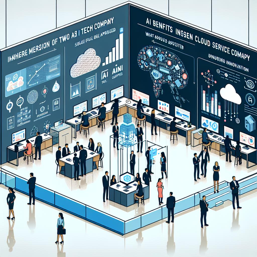 Envision a flat, vectorial, and corporate styled image. The image illustrates the merger of two tech giants, unseen AI tech company and unseen cloud service company in a modern corporate setting. A series of individuals of varying races and genders are displayed engaging with AI charts and models in a cutting edge booth. The overall atmosphere should exude innovation. Key elements include: AI graphs to symbolize the solutions offered by the AI tech company, individuals interacting with technology to represent the practical application of AI, The logos of the AI tech company and the cloud service company to reinforce the partnership, a modern corporate environment to depict innovation, and informative texts about AI benefits giving brief insights about what was addressed. The image is seen from 2D, linear perspective against a white, texture-less background.