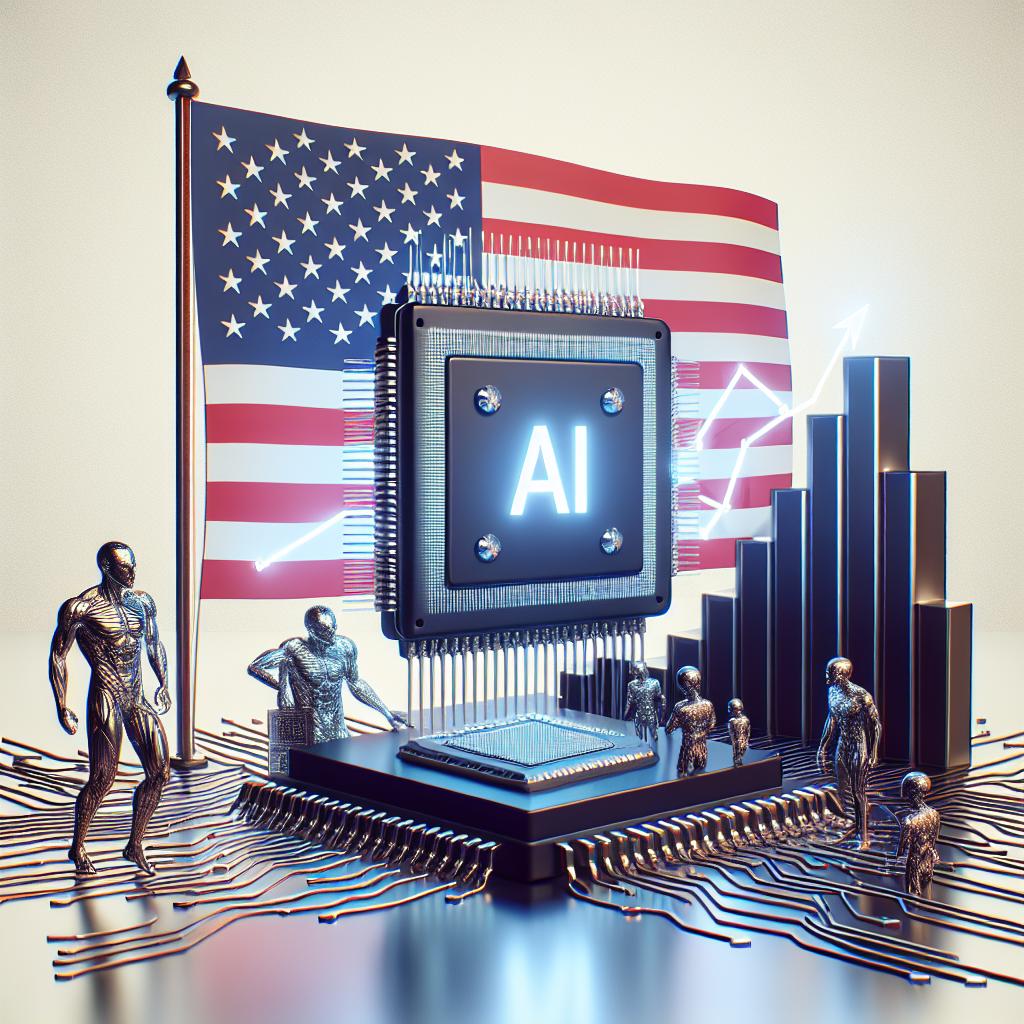 Create an image in a 2D, linear, corporate and flat vector style. The scene is set on a clean, texture-less white background. The main elements of the image are electronic chips, signifying AI technology innovation. They sit against the backdrop of the United States flag, symbolizing the proposal of local manufacturing. Alongside, illustrate a growth chart reflecting the rising demand for AI chips. Transcend the abstract notions of AI chip innovation, local American manufacturing, and growth in the AI sector into this visual representation.