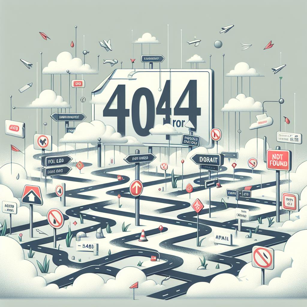 Create a flat, corporate-style vector image representing a 404 error in 2D, linear perspective. The scene should be set against a texture-less, white background. The main focus is a confusing path marked with signs pointing in different directions, symbolizing the frustration users feel when they encounter not found pages. Add in elements such as arrows, representing user confusion in finding the right path, and navigation signboards to portray the available options. Additionally, depict a nebulous background to evoke the uncertainty and frustration of a 404 error. Use neutral colors to keep the focus on the central theme.