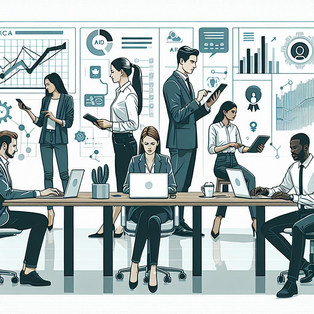Create an image in a 2D and Linear perspective that depicts a diverse team of professionals working in a modern business environment. These professionals should be defined as follows: one Caucasian woman working on a laptop, one Hispanic man analyzing data on a tablet, a South Asian woman interacting with an AI interface and a Black man discussing over a digital graph on a big screen. The setting should be a white, texture-less background and the style should be Vector, Flat, and Corporate. The image should showcase a matrix of productivity graphs, AI interfaces, and a modern office environment that highlights innovation and adaptability, symbolising the increase in productivity due to technology and the importance of inclusion in the workplace.