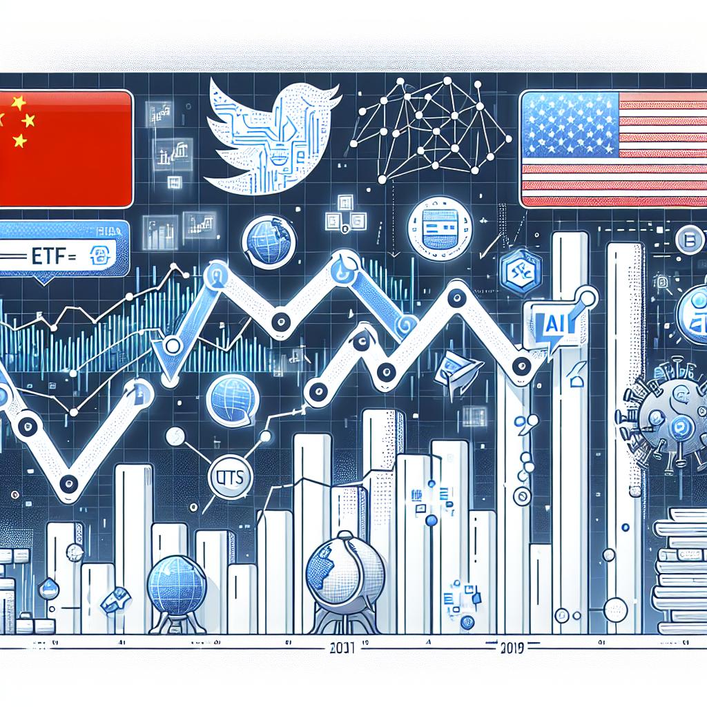 Create a 2D, linear, corporate-style image in flat vector design on a white, untextured background. The image features elements signifying the rise of Chinese ETFs traded in the US, influenced by the AI startup 'DeepSeek'. There is a dynamic bar graph in the center showcasing the performance growth of these China-focused ETFs over the course of the last month. Nearby, there are representations of cutting-edge AI technology to symbolize innovation. Finally, the flags of China and the USA subtly placed within the image symbolize the trade relations between the two countries.