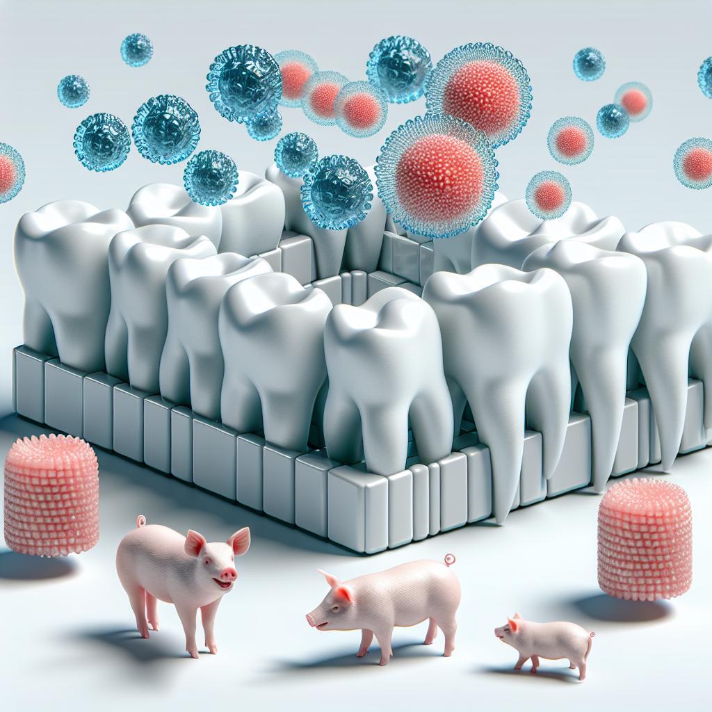 Construct a detailed, 2D vector-style picture that uses a corporate aesthetic. Foreground with bioengineered teeth growing from cellular elements which symbolize the innovative advancements in dental research. Adjacent to the teeth, depict miniature pigs to symbolize the source of cells used in this novel research. Please create these elements on a textureless white background to emphasize the clean, modern appeal. The picture should convey a sense of precision and research breakthrough associated with the dental industry.