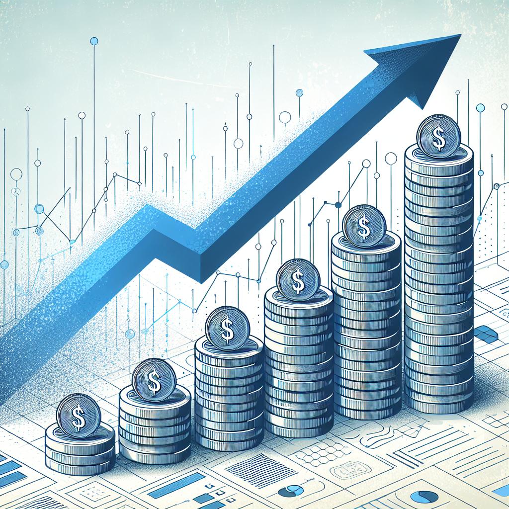 Create a 2D, linear perspective image in a corporate flat vector style. The background of the picture is a textured-free white, with a splash of blue symbolizing confidence and stability. It features piles of coins, representing the recent salary increase among engineers and technology professionals in the United States. Above the coins, there is an upward pointing arrow, signifying the growth and progress within the economic context. This image is inspired by the 5% wage base increase for these professionals between 2022 and 2023 in the U.S as reported by a recent IEEE-USA survey.