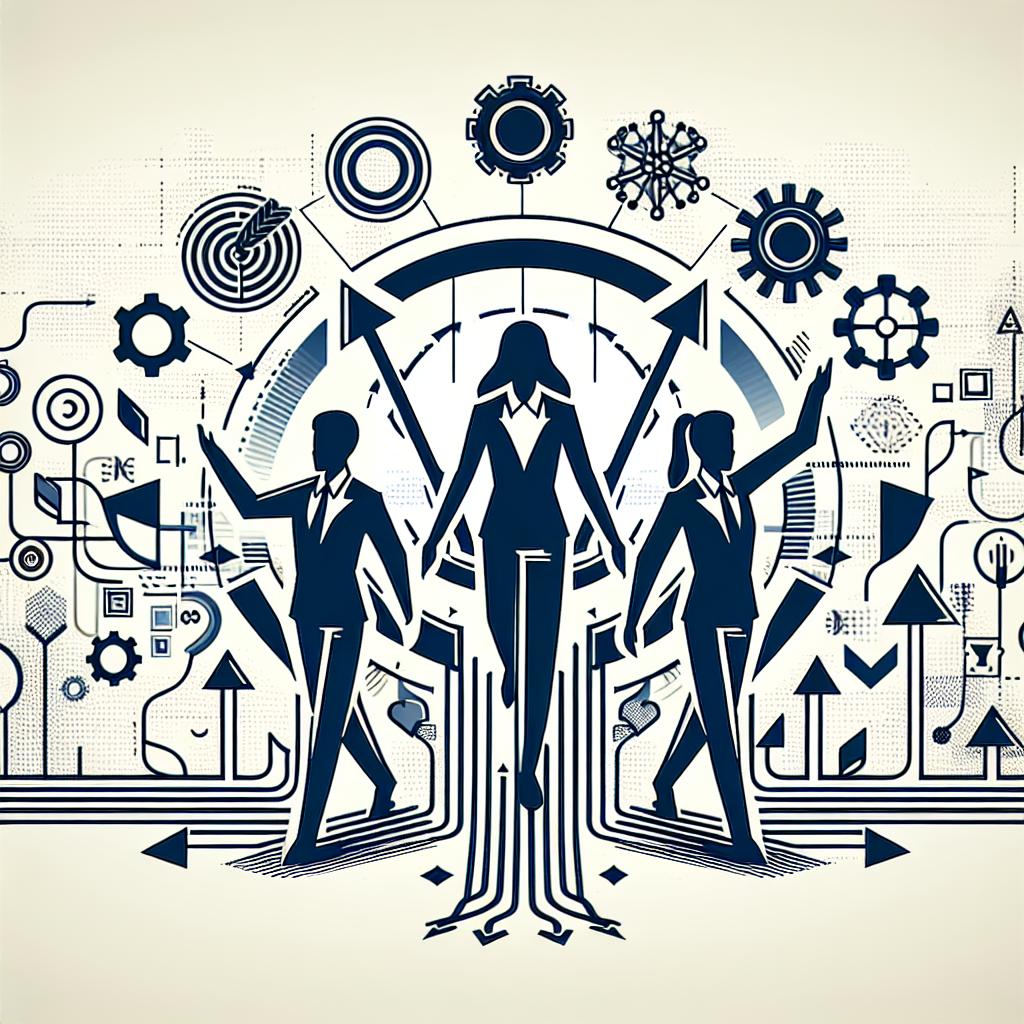 Create a 2D, white and textureless, corporate styled, vector illustration. This image represents the challenges faced by the leading players in AI, embodied as three entities. Instead of specific company logos, use abstract symbols to denote each entity. Surround them with graphic elements that symbolize obstacles, denoting the challenges they face. Also, include arrows indicating progress, representing their continuous pursuit for innovation. The artwork should be flat, with a linear perspective.