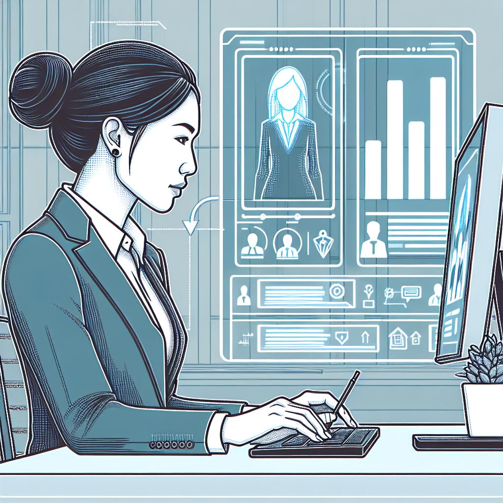 Create a detailed and vivid vector 2D linear image set in a professional environment with a white and texture-less background. An Asian female professional is the centerpiece of the image, sitting in front of a computer screen with a corporate yet flat style interface showcasing AI tools for job searching. She is engrossed in her job hunt. Also, include growing bar graphs in the background symbolizing the increasing adoption of AI in the job market.