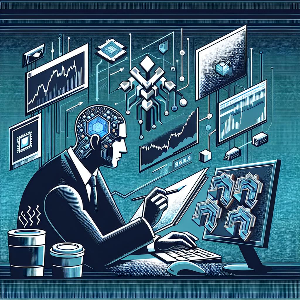 Create a 2D, vector-style image with a flat, corporate aesthetic and a plain white, textureless background. The main focus is a trader, who is a professional actively engaged in the financial market. The trader could be depicted as Hispanic, gender unspecified, intensely studying stock charts that represent the volatility of the semiconductor sector, indicating a decline and an anticipated recovery. Around the trader, include computers, emphasizing the technology involved in artificial intelligence stocks. Ensure to incorporate financial news, symbolizing the significance of information in the market.