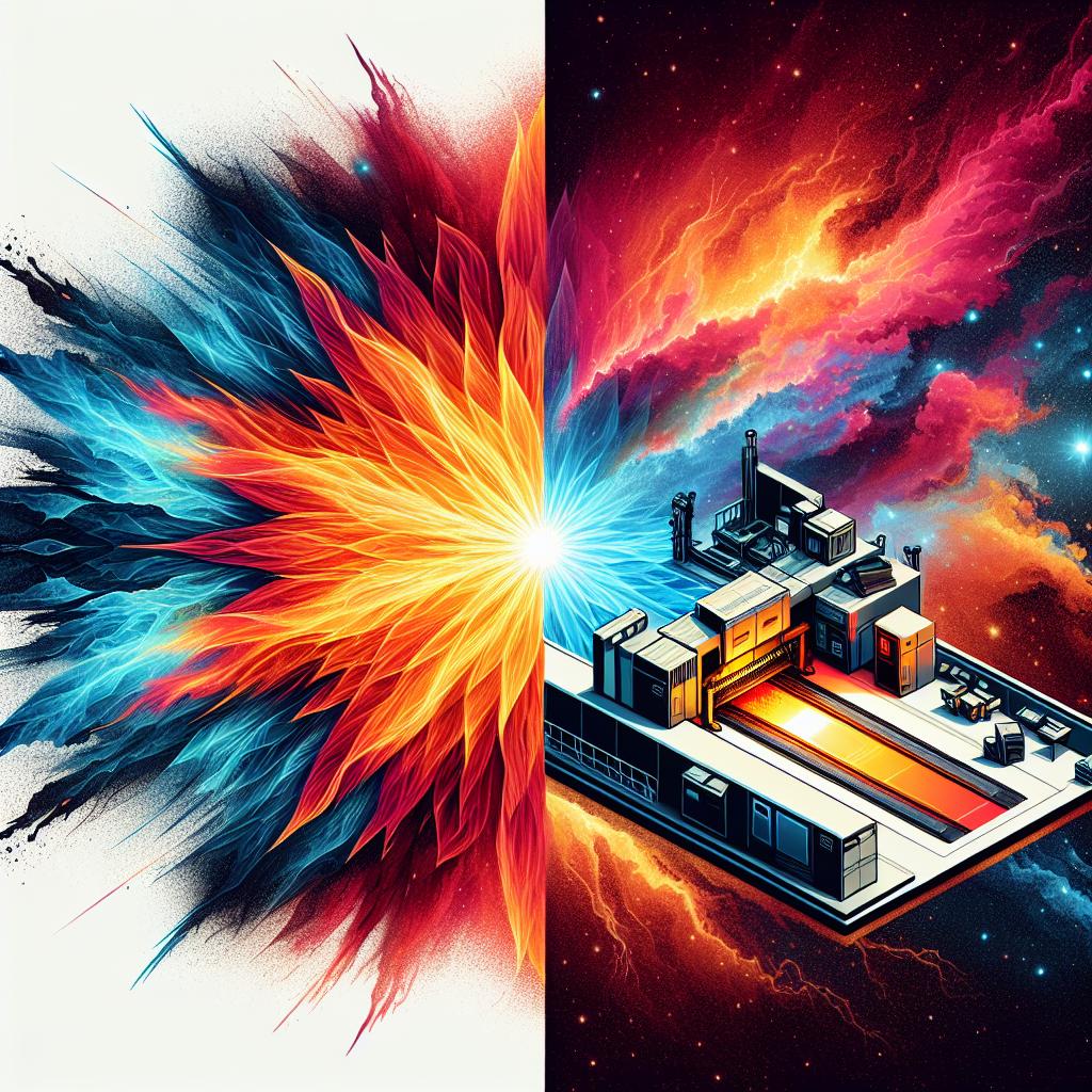 A vector-style, corporate-themed, 2D and linear perspective image set against a white, textureless background. It showcases a vivid and enthralling intersection between astrophysics and chip manufacturing technology. On one side, a vibrant and fiery supernova symbolic of the origins of elements that comprise modern technology, bathed in warm hues to underline its explosive nature. On the other side, a crisp and precise lithography system in operation, embodying the future of chip manufacturing, enveloped in cool colors to underscore its precise nature. The contrasting warm and cool colors serve to highlight the fascinating connection between astrophysics and technology.