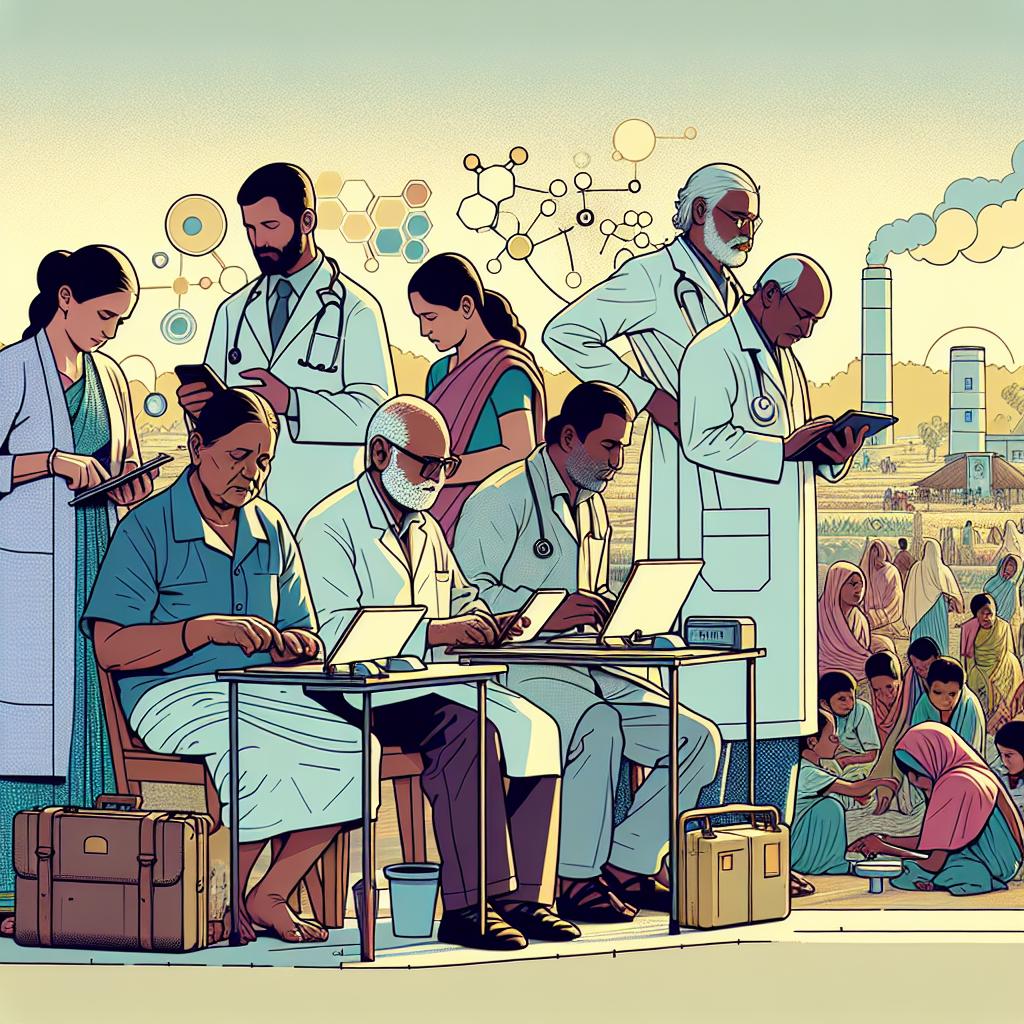 Generate a 2D, linear, vector-styled corporate image set on a white, untextured background. The scene takes place in a rural community, perhaps a small clinic in India. Professionals of various descents including Caucasian, South Asian, and Middle Eastern, are focused on using their mobile devices, representing the technology being utilized for diagnosing tuberculosis with the aid of artificial intelligence. The health workers, consisting of both males and females, are engaged in their tasks, their expressions communicating hope and progress in combating the disease. The background subtly incorporates elements indicative of the rural setting to provide context for India's health issue. Note: keep the overall impression positive, projecting the excitement of innovation.