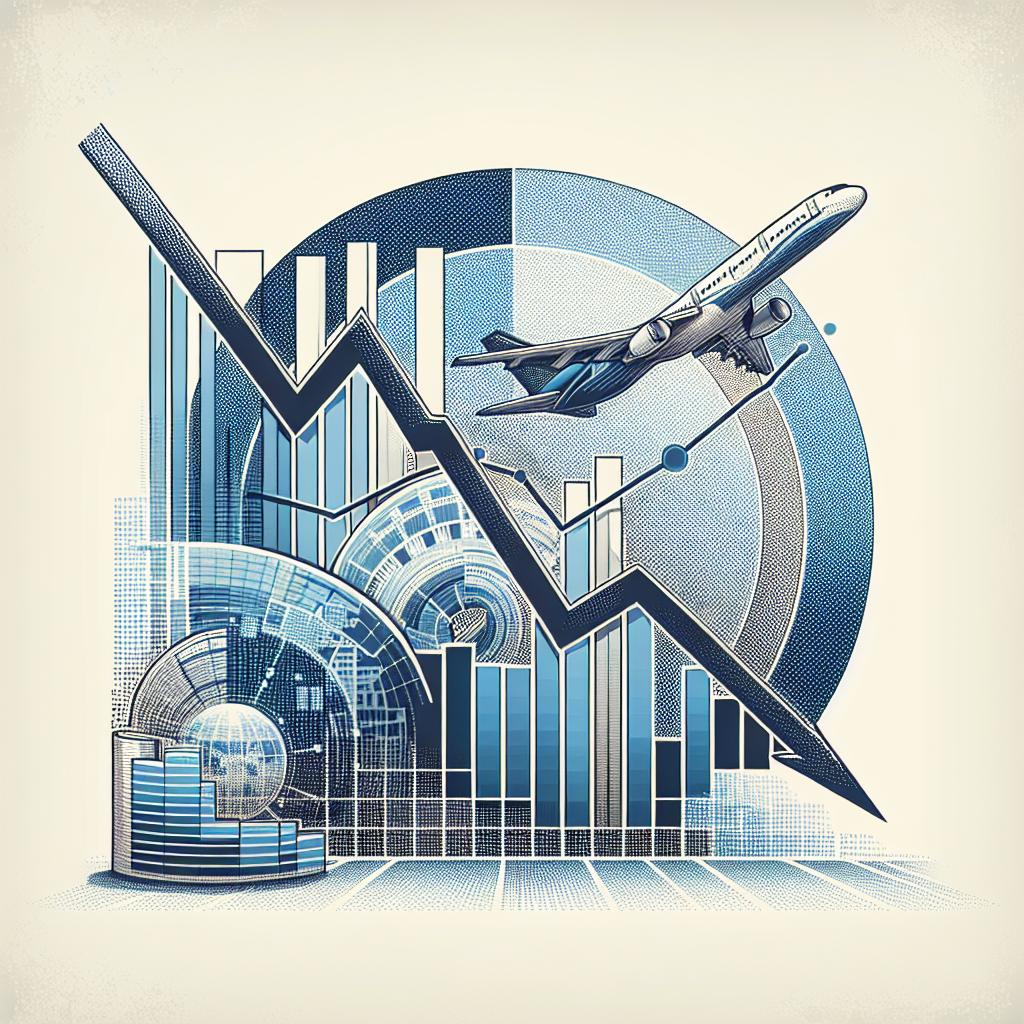 Create a 2D Vector Styled image with a Corporate flair on a texture-less white background. The image needs to depict a serious and unstable scene using sober colors like blue and gray. The focus of the image should be a downward-trending line graph to depict the devaluation of stocks. The graph should be flanked by symbols representing the Aviation and Technology sectors - a stylized Boeing airplane and an abstract IBM computer. The image should accurately convey the sense of loss experienced by the American markets, and the sectors involved.