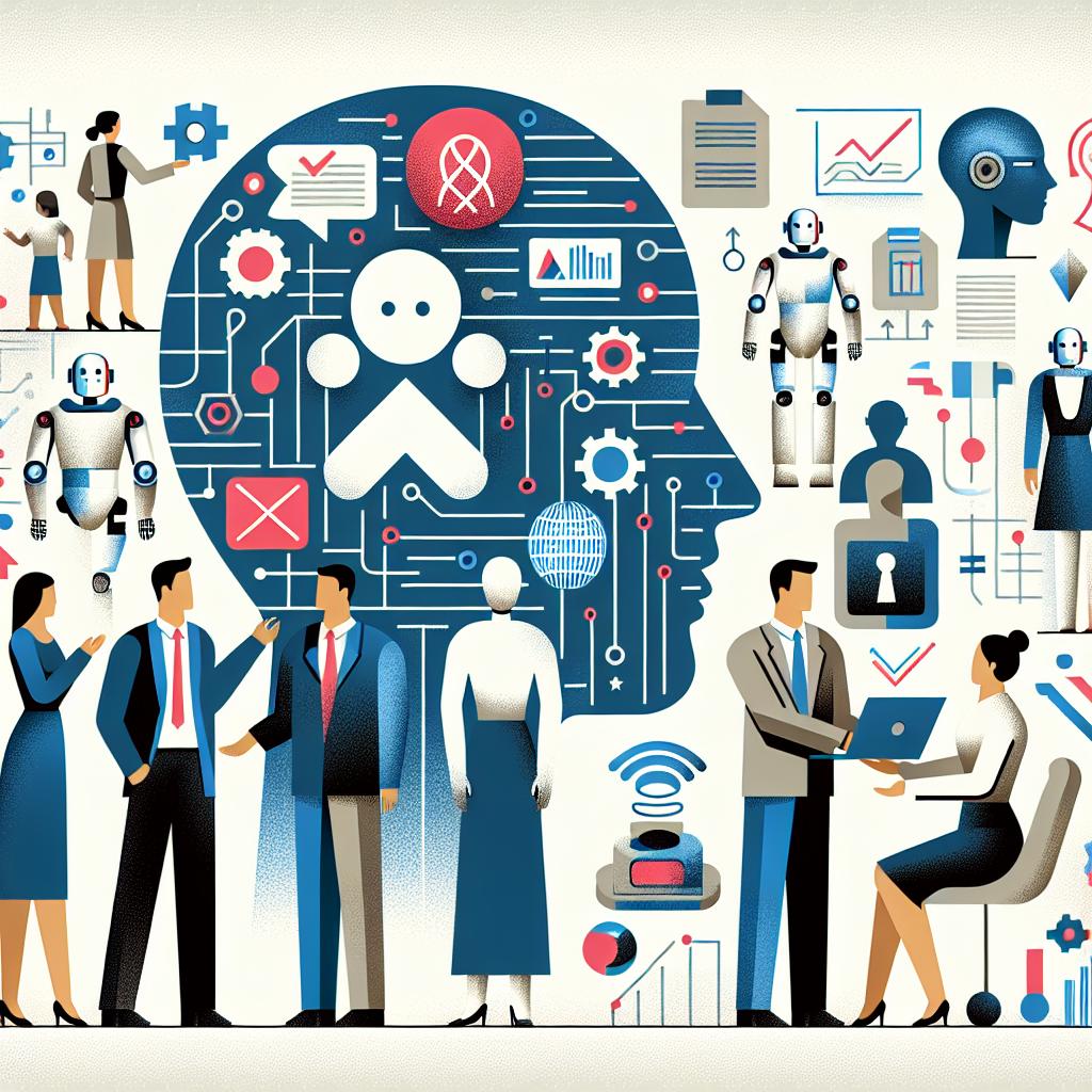 Create a corporate-style, flat 2D vector illustration on a textureless white background, portraying the concept of understanding Artificial Intelligence. Incorporate elements such as robots and people of varied descent and genders symbolizing advanced technology and human-tech interaction. In the background, include abstract icons representing ethics and regulations, emphasizing the moral challenges and rules needed for the usage of AI. Ensure the scene visually communicates the journey to demystify AI, from its basic concepts to ethical and regulatory issues.