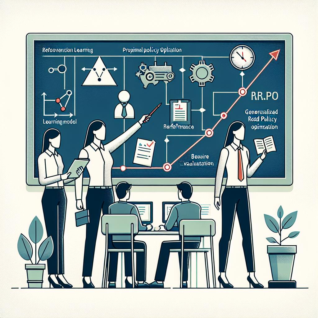A flat, corporate-style, vector illustration capturing the dynamics of Reinforcement Learning (RL). From a 2D linear perspective, on a white, textureless background, depict interaction between students and a teacher in an educational setting. Students represent learning models while the teacher symbolizes the reward system. Also, include grades or marks representing performance evaluation. A reference line indicating the baseline evaluation should be present. To symbolize concepts of Proximal Policy Optimization (PPO) and Generalized Reduced Policy Optimization (GRPO), incorporate visual metaphors subtly without explicitly labeling them.