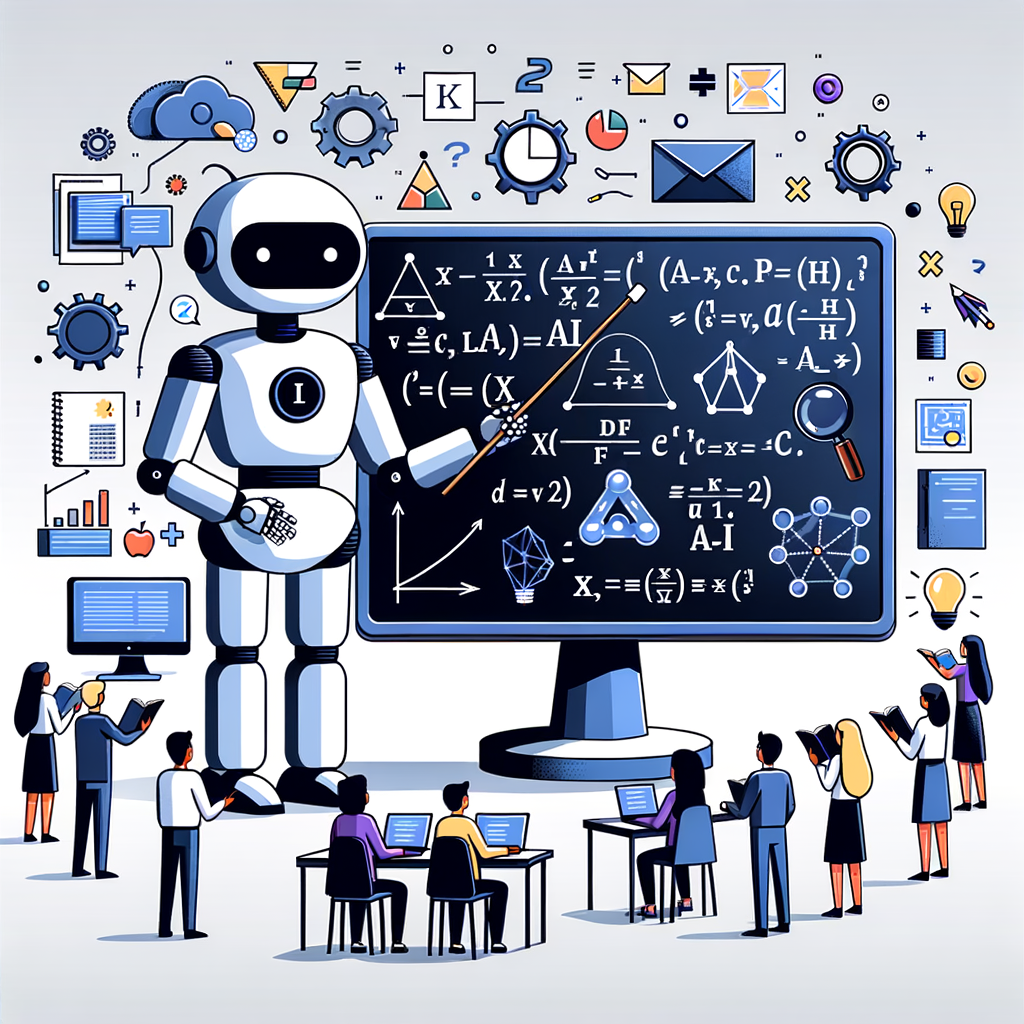 An illustration in a vector, flat, corporate-style on a 2D, linear perspective. The scene is set against a plain, textureless white background. At the center, a robot, symbolizing Artificial Intelligence, holds a blackboard filled with mathematical formulas signifying a focus on STEM fields. Near the robot, a computer is depicted, representing technology and computational resources. Around this setting, students of diverse descents and genders are shown, denoting the educational use of AI. The entire scene captures the ongoing debate on the future of math-focused AI and its integration into language models.