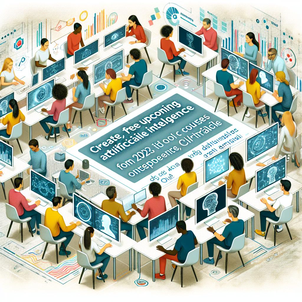 Create a 2D, flat, and corporate styled vector image depicting a modern learning environment. On a textured white background, illustrate a diverse group of students from a variety of descents, including Caucasian, Hispanic, Black, Middle-eastern, and South Asian interacting with computers and AI simulators. Add data charts to indicate a focus on technology and AI. Use vibrant colors to suggest innovation and attract attention. Remember, the scene represents a glimpse of free upcoming artificial intelligence courses in 2025 from respectable platforms such as EV.g, Oracle, IBM, and Microsoft.