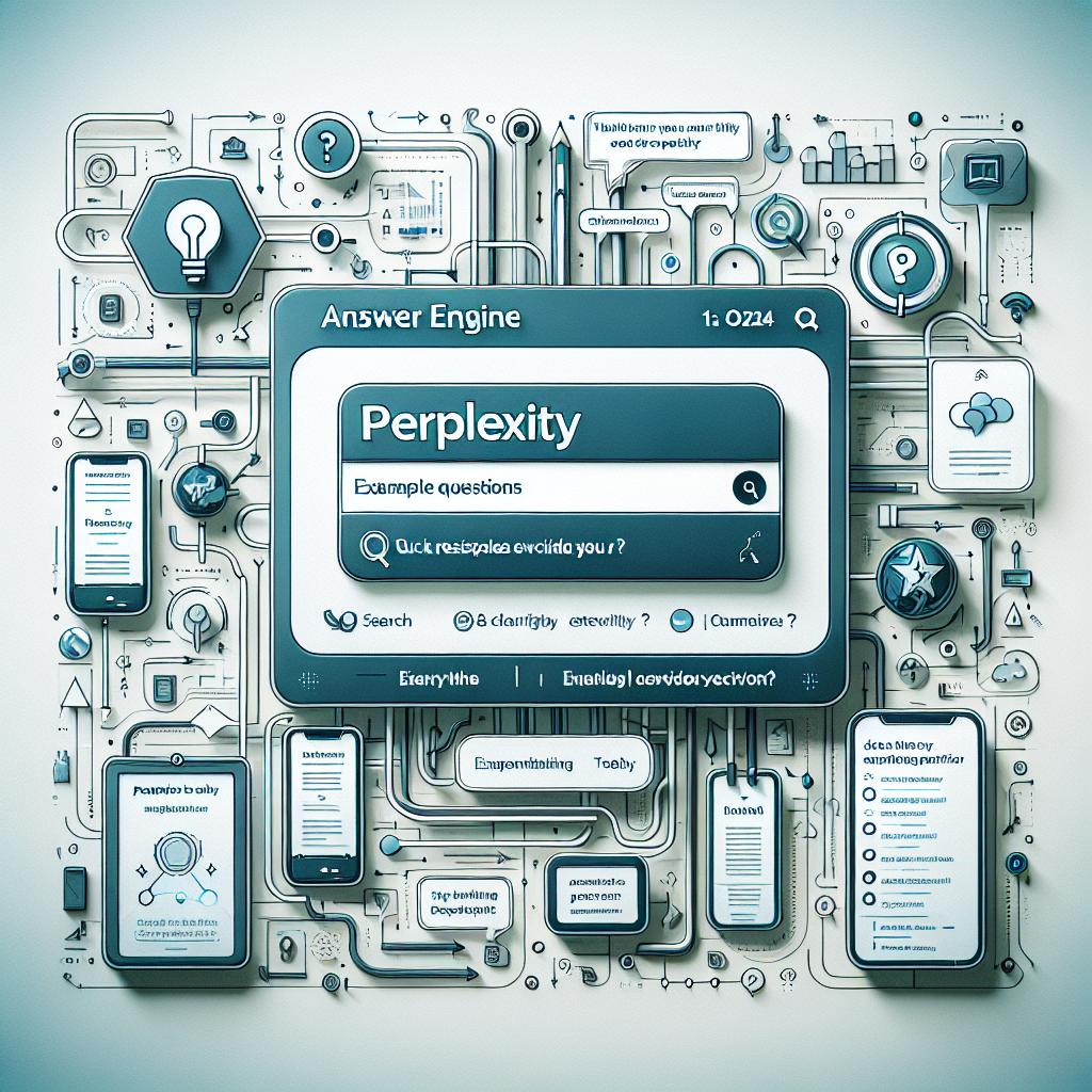 Create a 2D, linear vector styled image representing the innovative answer engine, Perplexity, which launched on 1st October 2024. The image should depict the interface of Perplexity showcasing the search bar and example questions against a white, texture-free background and a modern, technological ambiance. Key features in the image should include arrows indicating quick responses representing service efficiency and user testimonials conferring credibility and public acceptance. The color palette should capture shades of blue and green, symbolizing technology and trust. Furthermore, various device icons should be included, denoting the accessibility of Perplexity on both desktop and mobile platforms.