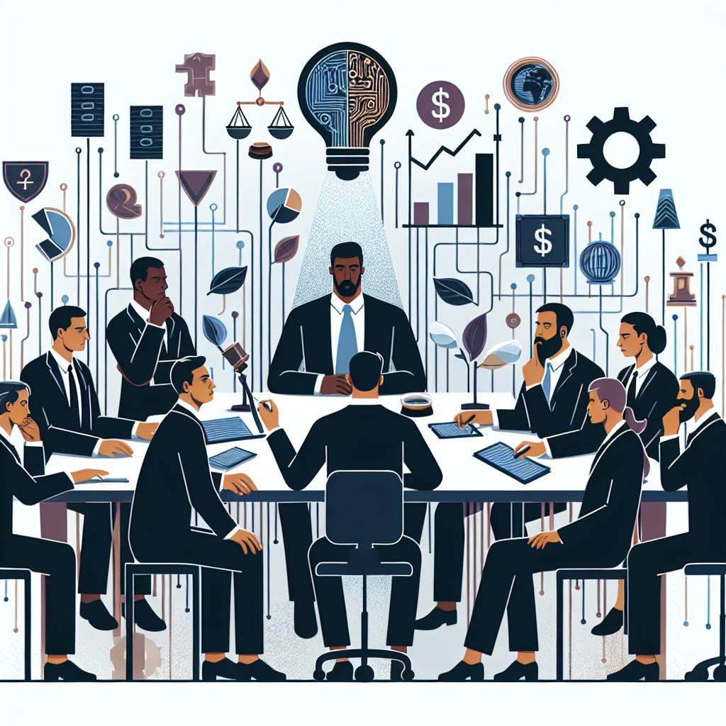 Create a flat, corporate, and vector-style illustration that depicts a vision-led masculine leader involved in a legal dispute with five investors around a discussion table. The visionary leader and investors are of diverse descents, such as Caucasian, Hispanic, Black, Middle-Eastern, South Asian white. The scene presents a metaphorical representation of a legal debacle within the technology industry, hence, please include elements that represent technology like electronic circuits in the background. Also, incorporate symbols of economic potential such as growth charts. Keep the perspective of the image 2D and linear, and the background white and non-textured.