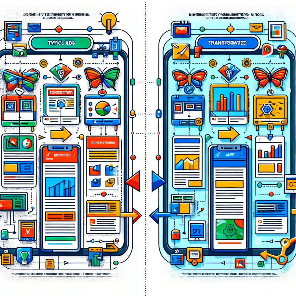 Please produce an image in a 2D, linear perspective, with a corporate yet vibrant flat vector style, on a bright, untextured white background. The image should depict a comparison between typical ad displays and ads transformed by GenAI tools. Illustrate this transformation with clearly marked elements highlighting attractive visuals and user interactions. Include additional features such as arrows indicating the progression of the ads - symbolizing innovation, vibrant colors to highlight the modernity of the new tools, icons representing user engagement, clicks and conversions - symbolizing positive outcomes, and a digital environment suggesting interactivity and dynamism.