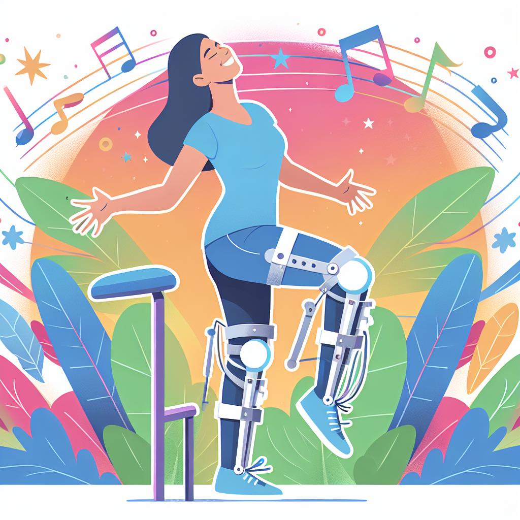Depict a woman of unspecified descent, joyfully dancing and smiling in an outdoor setting, surrounded by vibrant colors for an energetic and hopeful ambiance. This woman, who had been paralyzed, is now able to move autonomously due to her use of an innovative exoskeleton technology known as XoMotion, developed by the fictional company 'Human in Motion Robotics'. This scene symbolizes the freedom and joy brought by assistive technology. Elements of dance, like music notes in the background, emphasize dancing. The image should portray a corporate flat vector style, in a 2D linear perspective and on a white and textureless background.