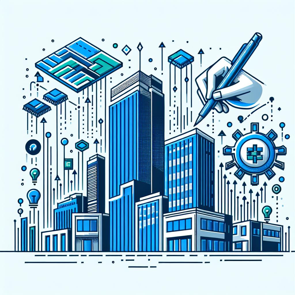 Create a vector-style, flat, corporate 2D image on a plain white background. The drawing should depict the Taiwan Semiconductor Manufacturing Co. (TSMC), the world's leading contract chip manufacturer, as a valuable investment opportunity. The main focus should be on a graphical representation of growth metrics and artificial intelligence chips, symbolizing TSMC's market-leading position. Visual elements should be colored primarily in shades of blue and green to convey a sense of technology and innovation. To emphasize the company's identity, include a logo suggestive of TSMC. However, do not use the exact logo to avoid copyright issues.