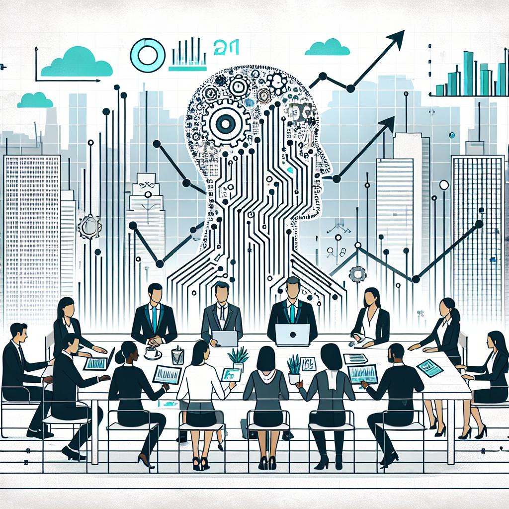 In the style of a 2D, linear, vector-based, flat, corporate illustration on a white, textureless background, envision a group of professionals from different industries working together on an artificial intelligence project. These professionals will have a diverse range of descents, like Caucasian, Hispanic, Black, Middle-Eastern, and South Asian, emphasizing inclusivity and collaboration in innovation. They are depicted around a table filled with technological elements symbolizing AI tools and resources. In the background, growth graphs ascend upwards, hinting at the burgeoning market potential of AI. Eye-catching against this backdrop is a futuristic urban landscape embodying a promising future with AI.