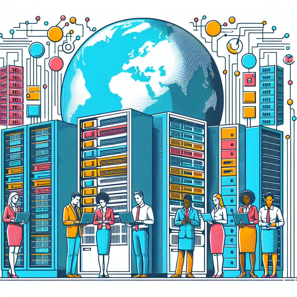 Create an image in a 2D, linear perspective capturing the innovation and modernity of data centers. The image should be vectorial, in a corporate style, with a white, texture-less background. Essential technological infrastructure is represented by servers. A terrestrial globe symbolizes global connection and growth in Africa. Include young professionals of diverse descent and gender working there, highlighting a new generation connected to technology. Use vibrant colors to convey a sense of innovation and progress.