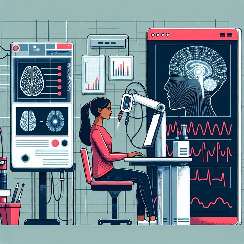 The scene is set in a laboratory. A South Asian female volunteer is connected to a brain-reading scanner. This is a representation of the technology being developed, where one can determine the keystrokes from the reading of brain signals. Next to her, on screens, are visual representations of neural signals, symbolizing data analysis and progress. The elements in this scene are displayed in a flat, corporate style, giving a stark, professional feel. The style is akin to the vector illustrations often used in corporate communication. The image is set in 2D linear perspective and against a plain white, textureless background.