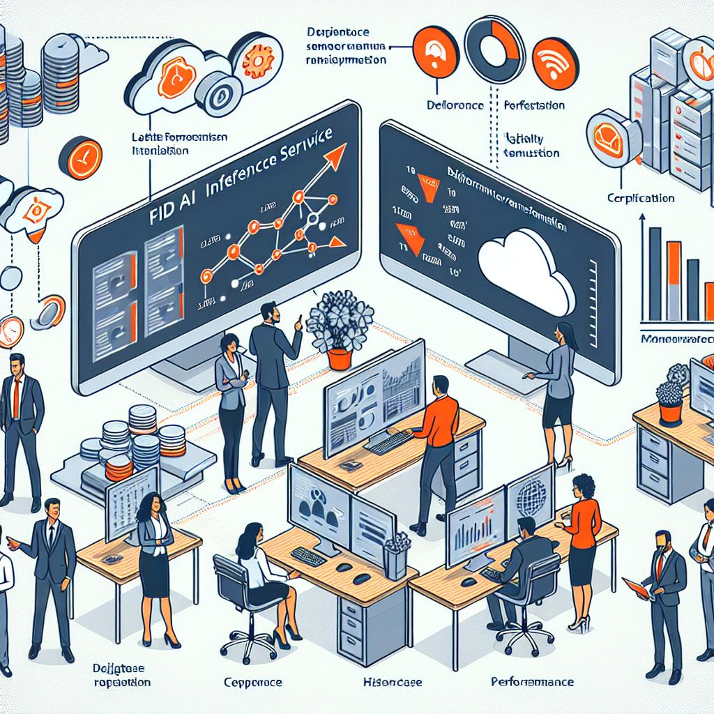 Create a 2D, linear, flat, corporate-style image, presented in a vectorial style on a texture-less white background. The image should visually represent the Cloudera AI Inference service in a corporate environment with elements including a modern office scenario that reflects the current work setting. Display charts demonstrating the efficiency in AI implementation, symbols highlighting the significance of data protection, and cloud representations symbolizing the flexibility of the infrastructure. Include diverse tech professionals, like a Middle-Eastern woman and a Hispanic man, interacting with monitors that display performance dashboards. These professionals represent the team involved in digital transformation.
