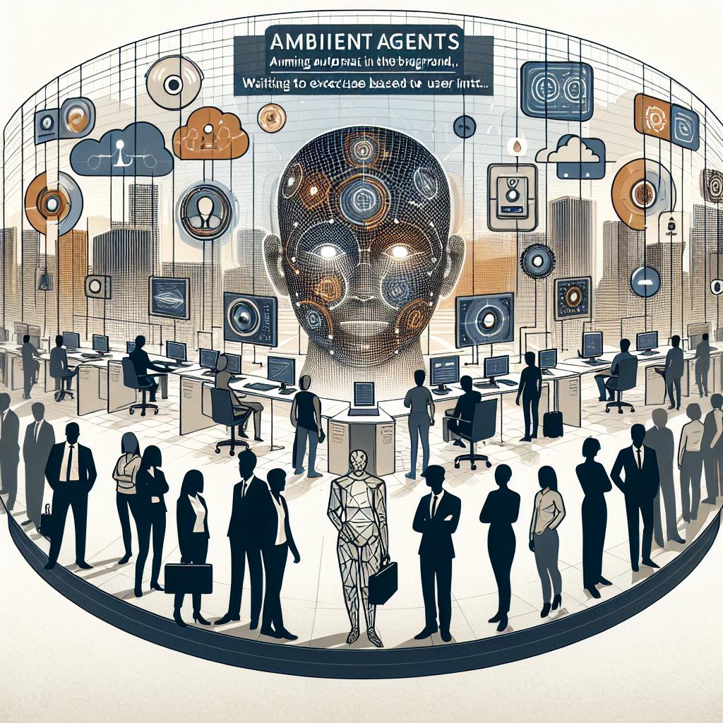 An illustration in a 2D, linear perspective that encapsulates the 'ambient agents' concept presented by LangChain on January 14, 2025. This is a new AI approach aimed at automating repetitive tasks, operating in the background waiting to execute based on user intent. The image is set in a flat, corporate vector style on a white, texture-less background. Elements to include are a digital background, which symbolises advanced technology, automation icons that represent the efficiency of the agents, and silhouettes of diverse individuals, both males and females of varying descents such as Caucasian, Hispanic, Black, Middle-Eastern, and South Asian, that indicate the interaction between humans and AI.