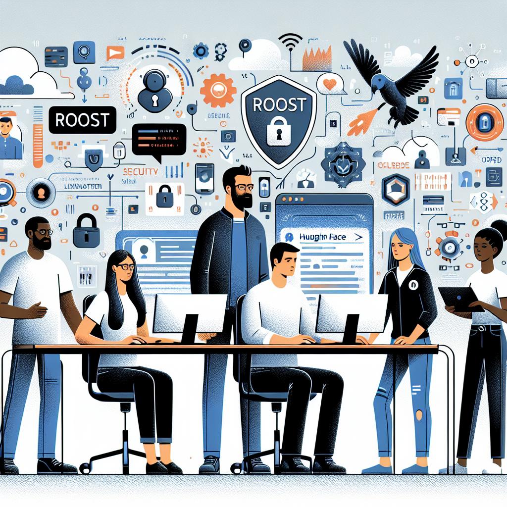 The image depicts the launch of ROOST, a dedicated organization for developing robust open online safety tools, and their partnership with Hugging Face on the 10th of February, 2025. The digital illustration, in a flat, corporate, vectorial style, shows a diverse team of developers; including a Caucasian male developer, an Hispanic female developer, a Black non-binary individual and a South Asian female, collaborating in a technology-centered environment. They are surrounded by icons of security and innovation, symbolizing ROOST's initiative. Elements such as computers, screens, and data graphics represent digital collaboration and security analysis in AI systems. The white, texture-less background is filled with data, representing an AI and open tools environment.
