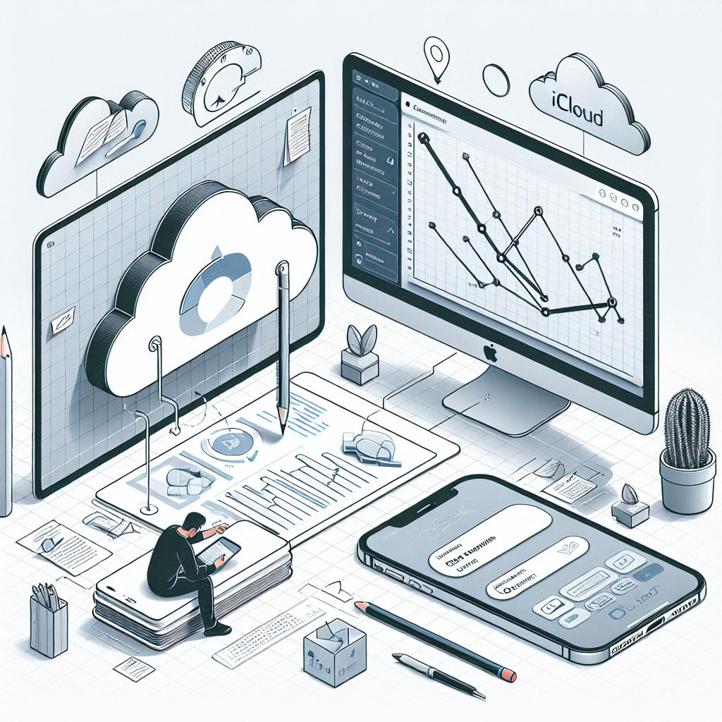 Create a 2D, linear perspective image in a vector flat, corporate style. The image is set in a modern workspace and showcases an Apple user configuring the synchronization of LogSeq with iCloud on both a Mac and iPhone. The Mac is being used to create a graph, while the iPhone symbolizes mobile synchronization. Add graphic elements of notes visible on the screen and a cloud representing iCloud service. The background is white and textureless.