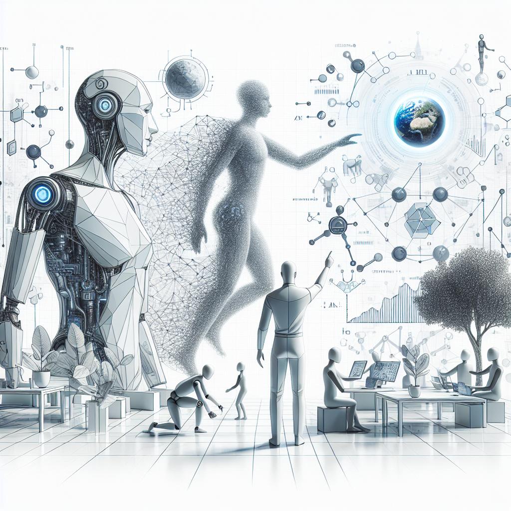 Make a 2D linear perspective, flat, corporate-style illustration. The image takes place in a futuristic scene where humans and artificial intelligence collaborate. The white, untextured background contrasts sharply with the humanoid AI, represented in silver and blue tones to symbolize technology and advancement. The scenery includes elements of innovation and science, like charts and formulas. To represent the harmonious connection between human creativity and artificial intelligence, include organic elements juxtaposed to the technological environment.