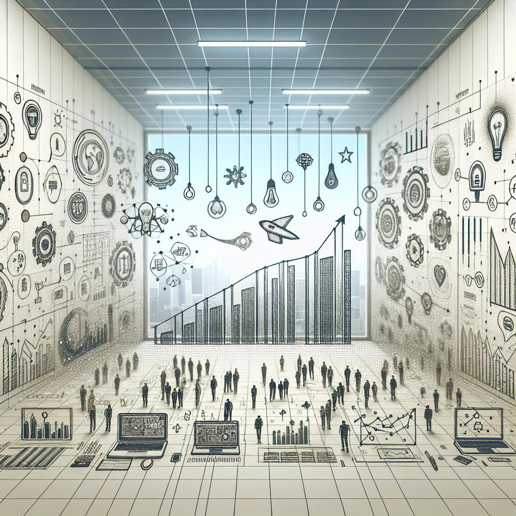 Create a 2D, linear perspective image, in a vector, flat, and corporate style, set in a modern business environment. The background should be white and textureless. Inside this space, depict narrative technology startups, symbolized with technology icons representing innovation and technological advances, as well as growth charts showing the positive impact of a program on these startups. The overall scene should reflect a digital business environment supportive of growth and collaboration.