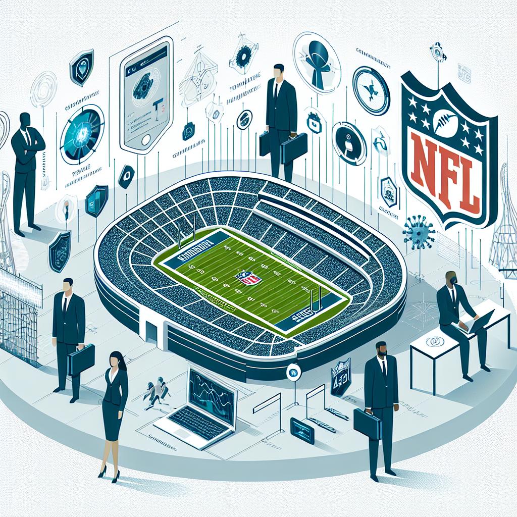 A graphic, corporate-style, vector illustration in a flat 2D perspective on a textureless white background. This illustration represents the concept of cybersecurity at an NFL event, demonstrating the importance of collaboration, technical adaptability, and real-time data visualization in the face of modern threats. Key elements include: 1) American football stadiums, signifying the event locations and security focus; 2) graphical icons representing security technology solutions like firewalls and monitoring systems; 3) images of diverse gender, like a Female Asian and Male Middle Eastern cybersecurity agents, highlighting teamwork and technology use; 4) real-time data - diagrams and visualizations emphasizing data analysis and threat prediction.