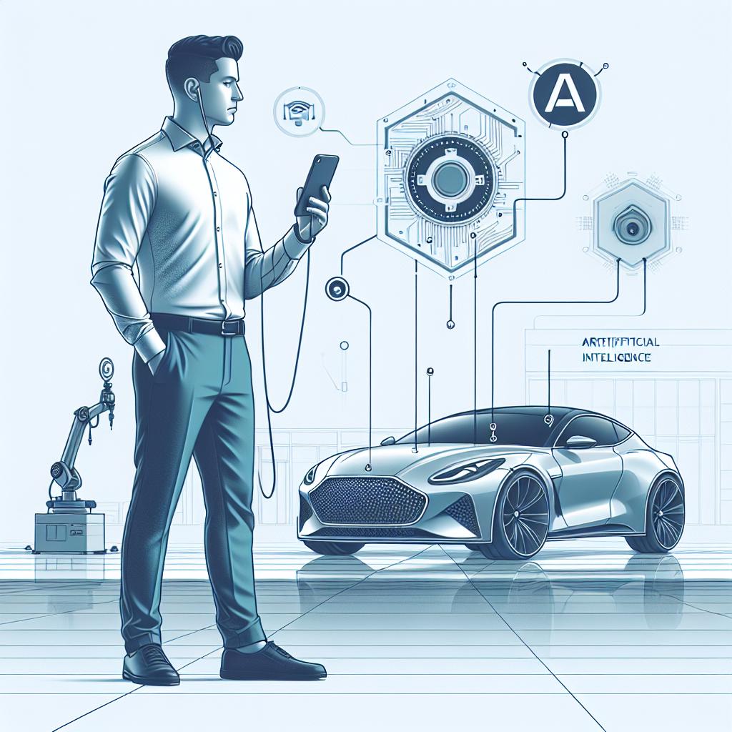 Visualize a 2D, flat, corporate-style vector illustration. The scene is set against a plain, white background. At the heart of the scene, a man of Hispanic descent, clad in casual attire, is running a vehicle inspection, representing the focus of the technology. He holds up a smartphone, symbolizing the simplicity and efficiency of using the Self Inspection AI tool. A modern-looking car is in the background, being inspected. The brand's insignia, though not the exact logo, is visible, reinforcing the company's identity. Around the operator, subtle elements of artificial intelligence tech - like schematic lines and embedded chips - represent the innovative tool in use. The wider location hinting at a modern work environment, signifies innovation and progress.