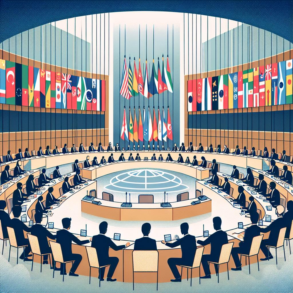 Imagem de uma reunião global de líderes durante uma cúpula. A cena se passa em uma grande sala de conferência formal, com várias bandeiras representativas ao fundo simbolizando a diversidade global. Na sala, um grupo de pessoas está sentado ao redor de uma mesa, debatendo sobre a regulamentação e oportunidades de Inteligência Artificial. O ambiente é ilustrado em um estilo vetorial e flat com uma perspectiva 2D linear. O fundo da imagem é branco e sem textura. Além da mesa e bandeiras, existem painéis informativos presentes na sala, indicando o foco em tecnologia e inovação. As pessoas demonstram atenção na discussão, ilustrando a importância do debate.