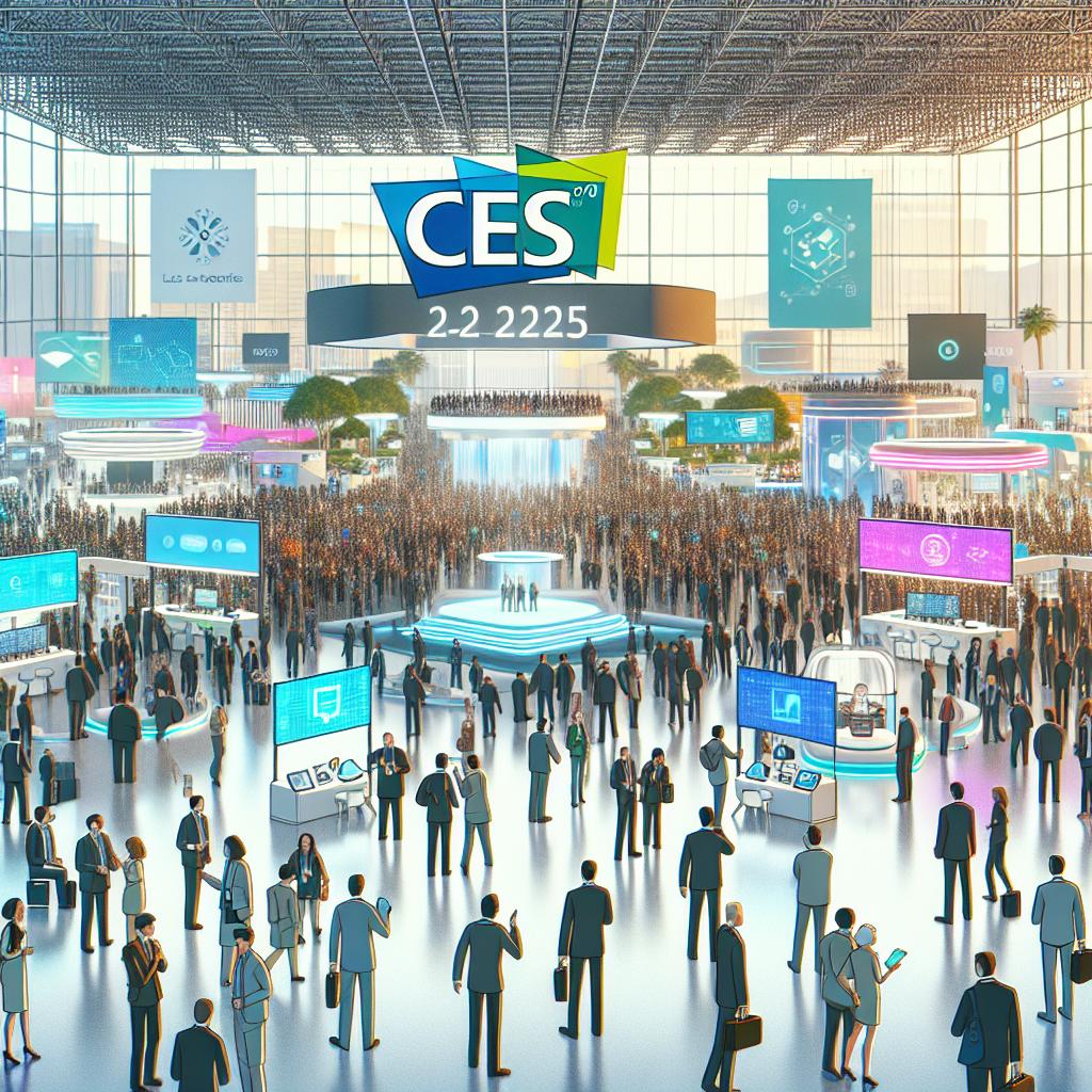 A large gathering at the CES 2025, one of the world's biggest technology fairs taking place in Las Vegas from January 5-10, 2025. The image should display tens of thousands of participants from various descents and genders, including industry executives and innovators, all immersed in vibrant conversations and interactions. Replace the specific CEO with a generalized depiction of an industry leader giving an opening speech. The scene is bustling with colorful and illuminated booths showcasing varied technology innovations. People are seen engaging with modern devices, characterized by their curiosity and enthusiasm. The atmosphere is vivid and energetic, depicting the dynamic essence of the event. The image style is 2D, linear, vector, and corporate with a flat, texture-free white background. Additional elements include display panels representing the emerging technologies that will be the focus of the event.