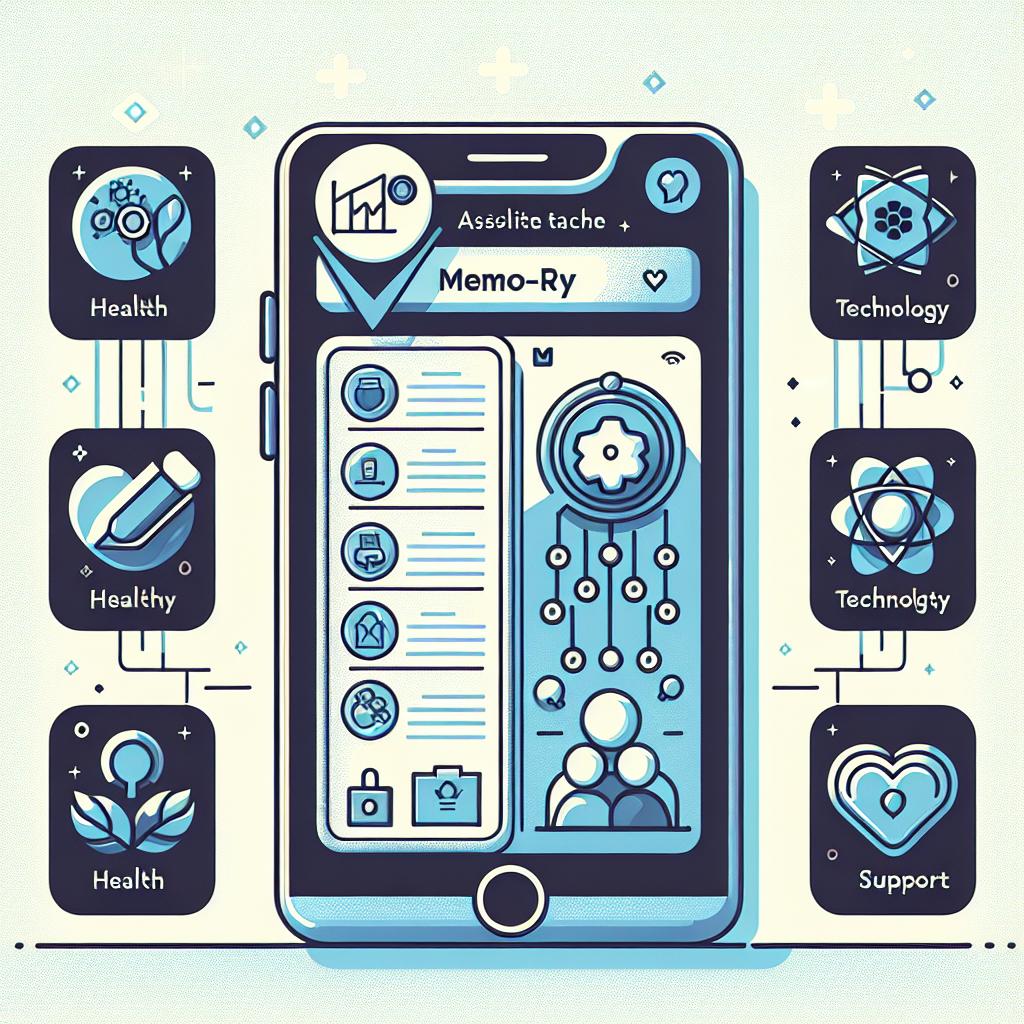 Create an image in a 2D linear and corporate style depicting a high-tech, assistive technology device called Memo-ry. This is presented as a flat, vector-style illustration of a modern smartphone interface. The screen of the smartphone is displaying an actionable task list. Alongside, include various bespoke icons that represent health, technology, and emotional support. These elements together symbolize the aim of the app to assist persons with dementia and memory loss. All of this is set against a plain white background. Each element should be designed in an accessible manner highlighting the importance of usability.