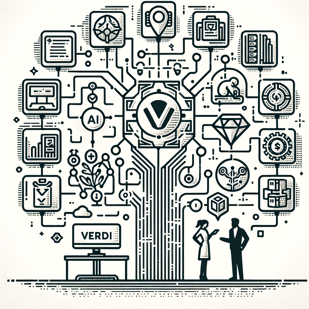 Illustrate an image in a Vector, Flat, and Corporate style. Show a white and textureless background. From a 2D, linear perspective, present the Verdi platform of a fictional Latin American e-commerce and fintech company. The platform utilizes advanced AI technology, highlighted by AI and GPT-4o icons. Include graphical representation of increased efficiency and productivity demonstrating the benefits of the platform. Show interactions between AI and humans, depicting the collaboration between technology and human operators. Also encompass elements of security and scalability, representing the platform's secure nature and growth capacity. Lastly, include a generic logo representing the company.