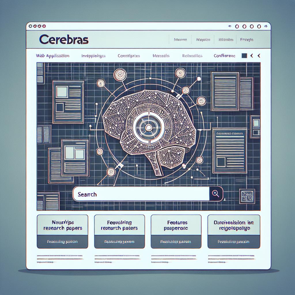 Picture an innovative web application interface which allows users to explore more than 4,500 research papers from the NeurIPS 2024 conference. The platform is designed in 2D, linear, flat vector style with a corporate touch. In the center of the image is Cerebras' logo, representing the brand and the technology utilized. Below the logo is a search bar, indicating the main functionality of the platform. Featured paper titles are displayed around, illustrating the abundance of available research material. The background is plain with no textures and uses sober, technological colors, overall embodying the innovation and seriousness of the project.