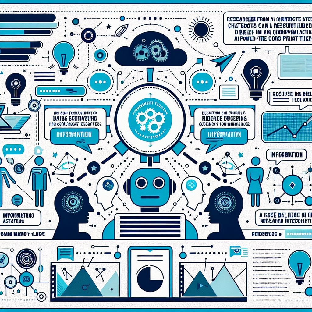 Create a representation of interaction between humans and chatbots in a vector, flat corporate style on a white, texture-less background. From a 2D, linear perspective, this digital background signifies the virtual environment where interactions are taking place. Information icons represent data and evidence conversing. Thought bubbles contain text to illustrate the conversation between the user and the chatbot. Use shades of blue and green to symbolize trust and technology. The image should embody the findings from researchers at significant institutions who discovered that AI-powered chatbots can reduce belief in conspiracy theories by up to 20%. The key themes are the fight against disinformation and a new approach to dealing with the spread of misinformation in the digital age.