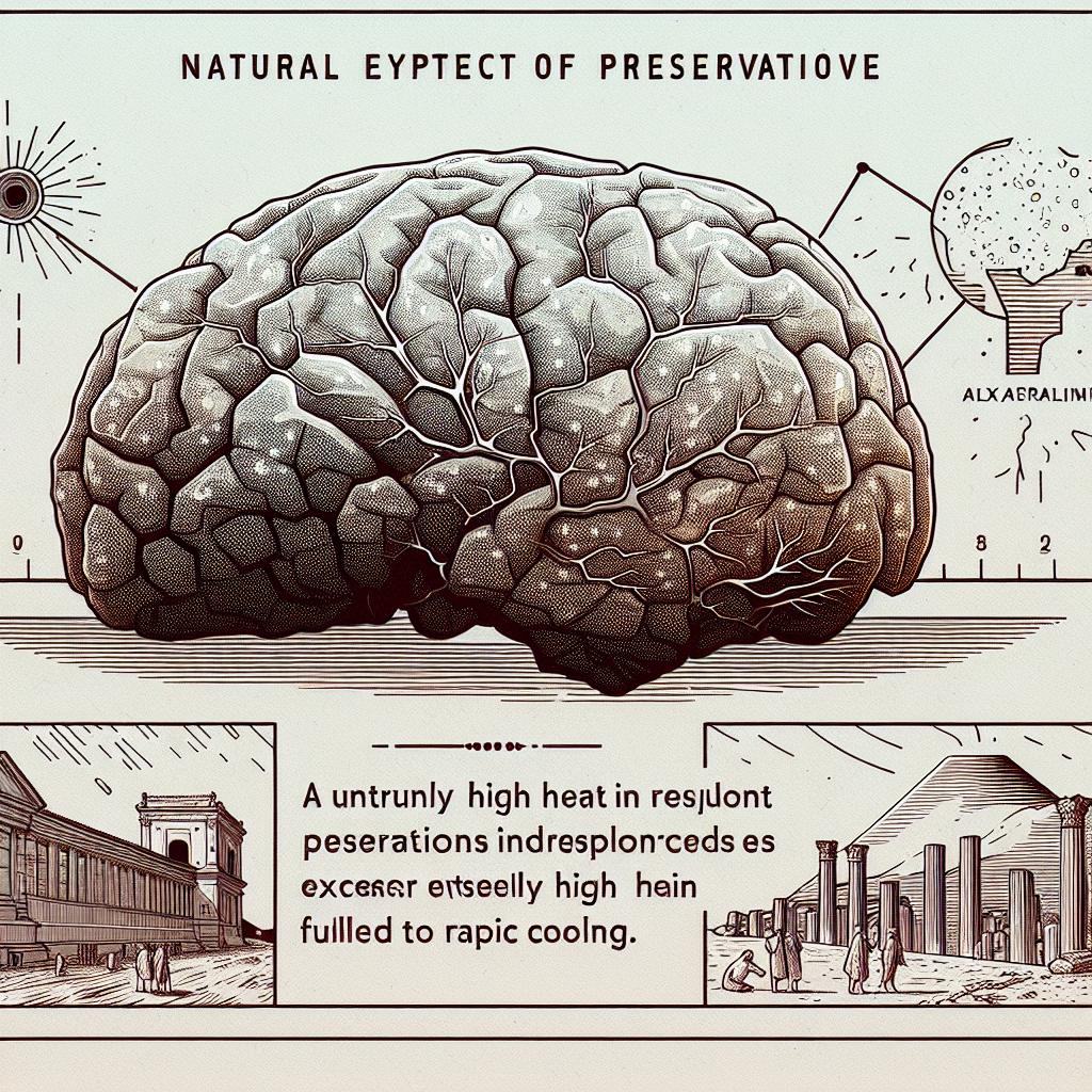 Generate a 2D, flat, vector-style illustration, with the linear perspective set on a white, untextured background. The illustration should focus on fragments of a preserved brain depicting a glass-like state with neurons still visible. This represents a unique instance of natural preservation in response to extremely high heat followed by rapid cooling, as experienced by a man during the eruption of Mount Vesuvius in 79 AD. The brain stands as the central element of the image, highlighting the theme of the interplay between science and archaeology. To symbolize the circumstances of the eruption, incorporate graphical elements of fire and ashes in the depiction. Include an archeological backdrop to provide context to the discovery.
