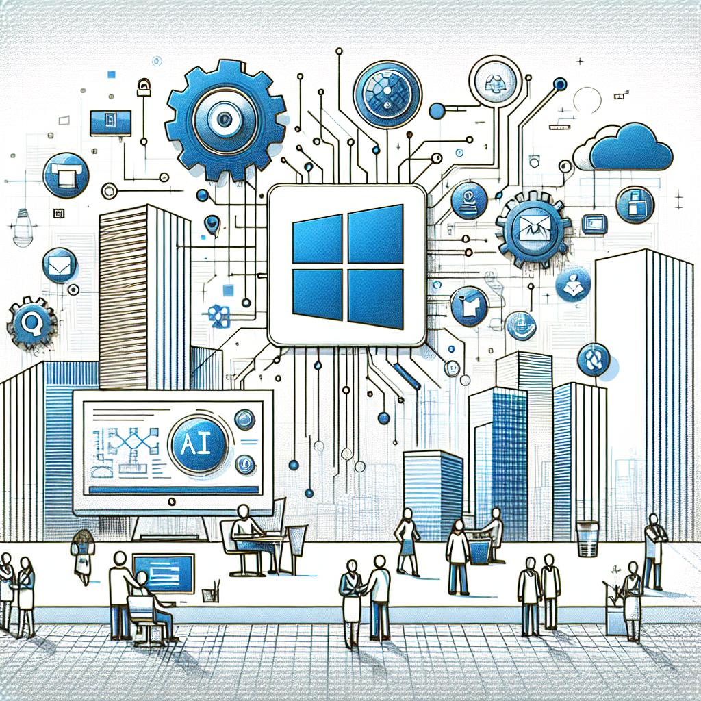 Illustrate a corporate, flat, and vectorial style image that represents a futuristic vision of the business automation era with Microsoft as an innovative leader. The perspective is 2D and linear with a plain, untextured white background. Key elements included should be technology icons that symbolize innovations in artificial intelligence and Microsoft's logo, which signifies their leadership in the industry. The overall scene should convey the impact of AI on businesses and the significant transformation promised by Microsoft.