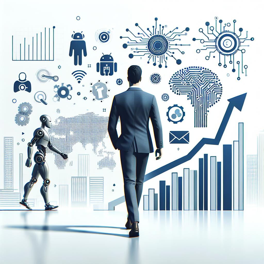 Create a 2D, flat, corporate style image on a plain white background. Display an executive figure, of any race and gender, walking away, illustrating the departure of a leader from a tech start-up. Include symbols of artificial intelligence, like neural networks or robots, to represent the company's focus. Show a rising graph as a symbol of the growing artificial intelligence market. Incorporate depictions of competitive elements to represent rivalry in the sector.