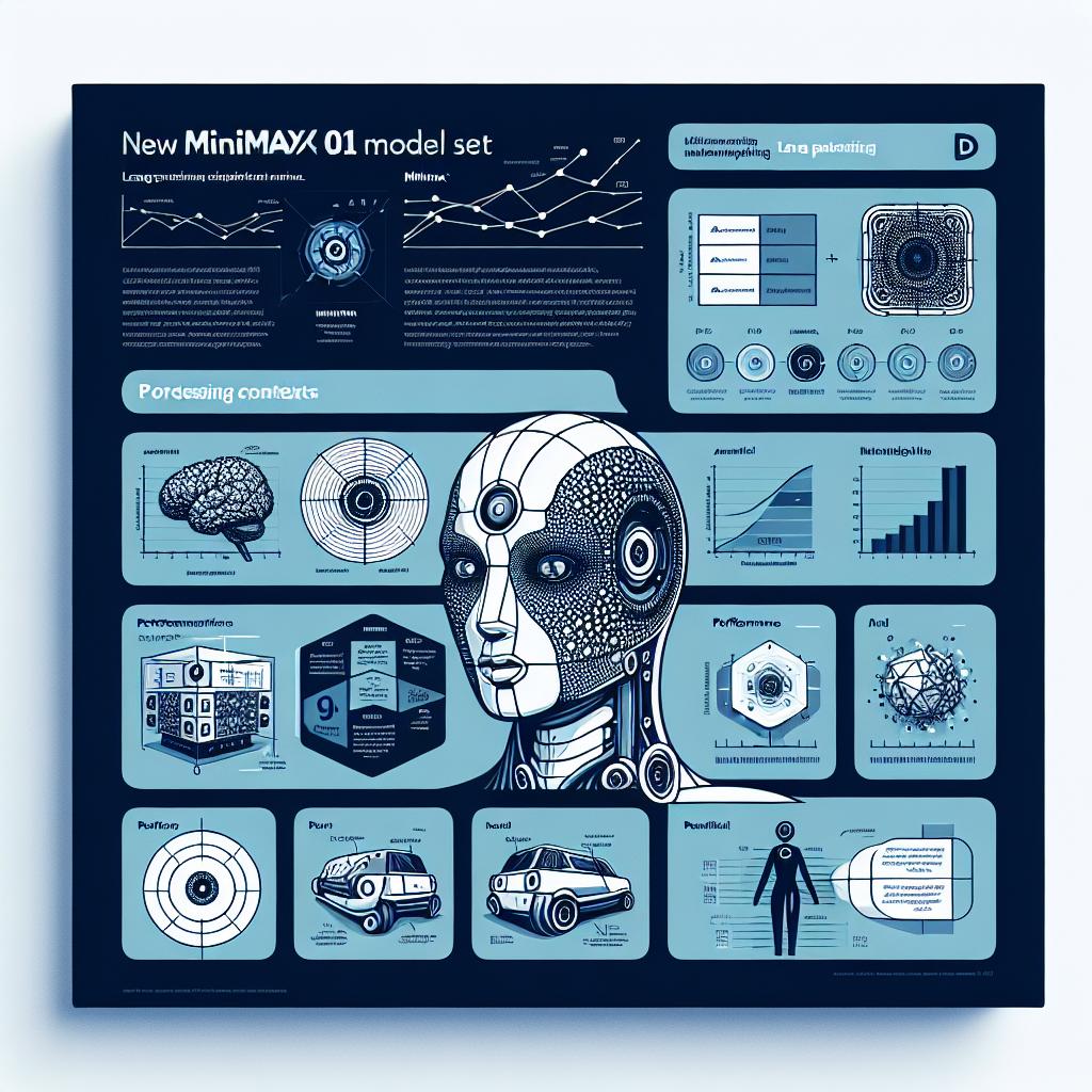 Create a 2D vector-style image in a corporate, flat design style set against a plain white, untextured background. Visualize the new MiniMax-01 model set, including the MiniMax-Text-01 language model and MiniMax-VL-01 multi-modal model, as proclaimed by MiniMax. Emphasize its capabilities for processing long contexts using illustrative depictions. Incorporate performance charts demonstrating the efficiency of these models in comparison to other models, and place the MiniMax logo prominently in the image to reinforce brand identity. Also, include visual representations of AI agents to provide context to the technology application.