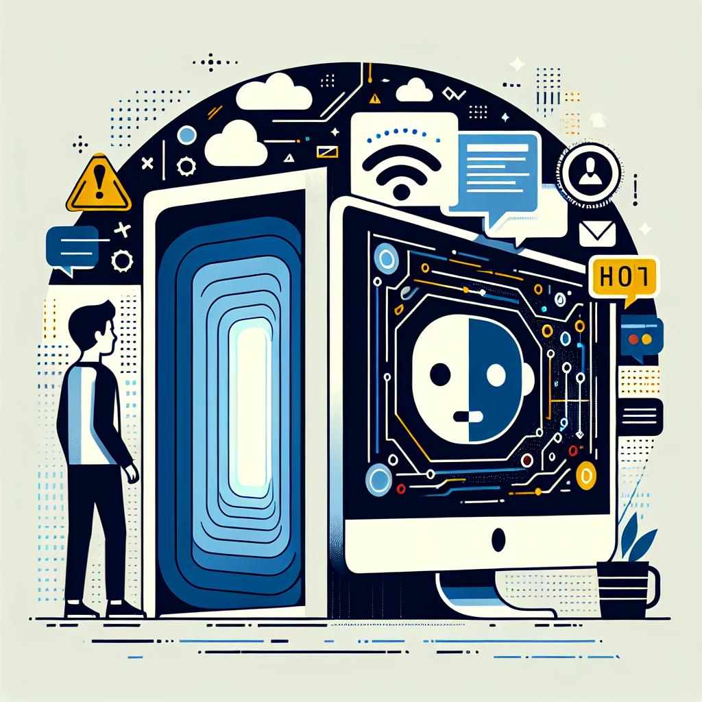 Create an impactful vector and flat image, incorporating a corporate style. The setting is a 2D, linear perspective with a plain white background. The main elements include a computer screen symbolising the doorway to interacting with chatbots, and the silhouette of an apprehensive yet curious teenager. This young person should be depicted interacting with the computer, thus exemplifying the target audience and risks associated with this technology. Blend both dark and bright colours to incorporate the concept of allure and danger related to AI use. Introduce warning icons to underscore the safety concerns.