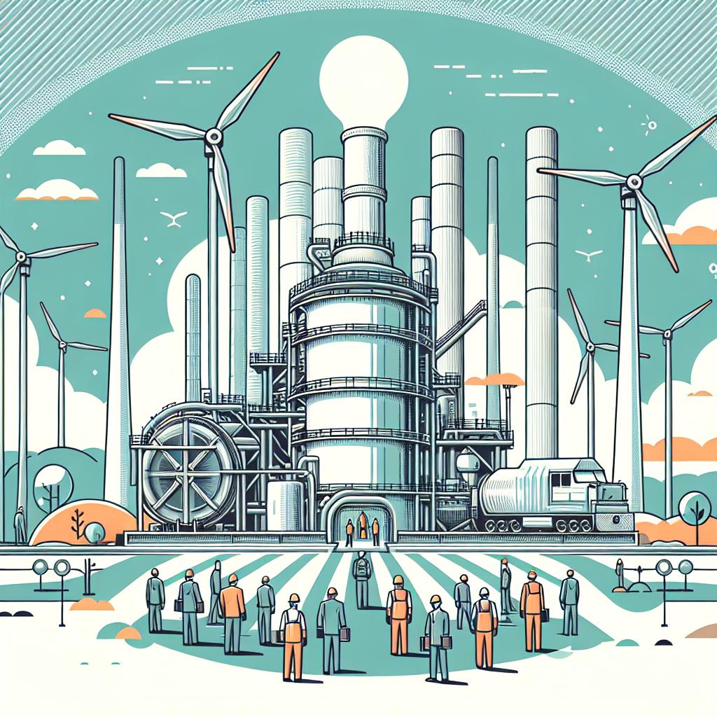 Create an image in a vector, flat, and corporate style. Use a 2D, linear perspective with a white, textureless background. At the center, depict a modern and sleek steel reactor in operation, representing a milestone achievement by Boston Metal, a green steel production startup. Behind the reactor, illustrate wind towers, symbolizing the use of renewable energy. Above, portray a clean sky indicative of a sustainable future. To the sides of the reactor, display engaged workers of various descents and genders actively engaged in sustainable production.